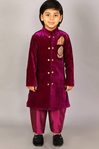 Purple embroidered velvet sherwani set