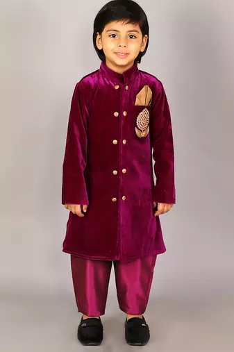 Purple embroidered velvet sherwani set