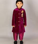 Purple embroidered velvet sherwani set
