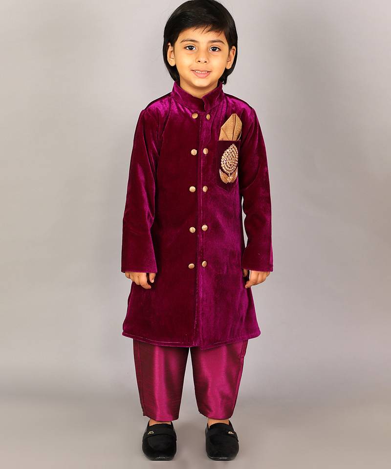 Purple embroidered velvet sherwani set