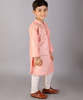 Peach printed cotton silk Boy's Kurta Pyjama 2