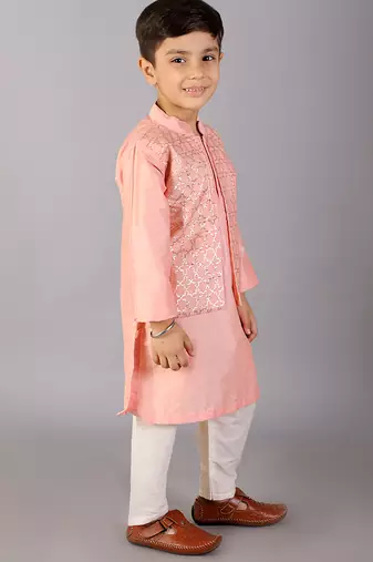 Peach printed cotton silk Boy's Kurta Pyjama