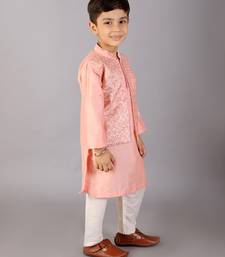 Peach printed cotton silk kurta pyjama