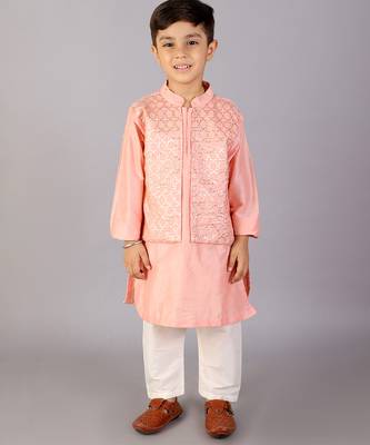 Peach printed cotton silk Boy's Kurta Pyjama 1