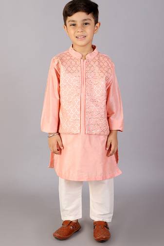 Peach printed cotton silk kurta pyjama