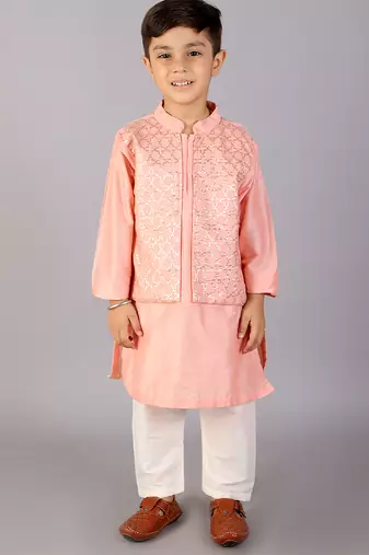 Peach printed cotton silk kurta pyjama