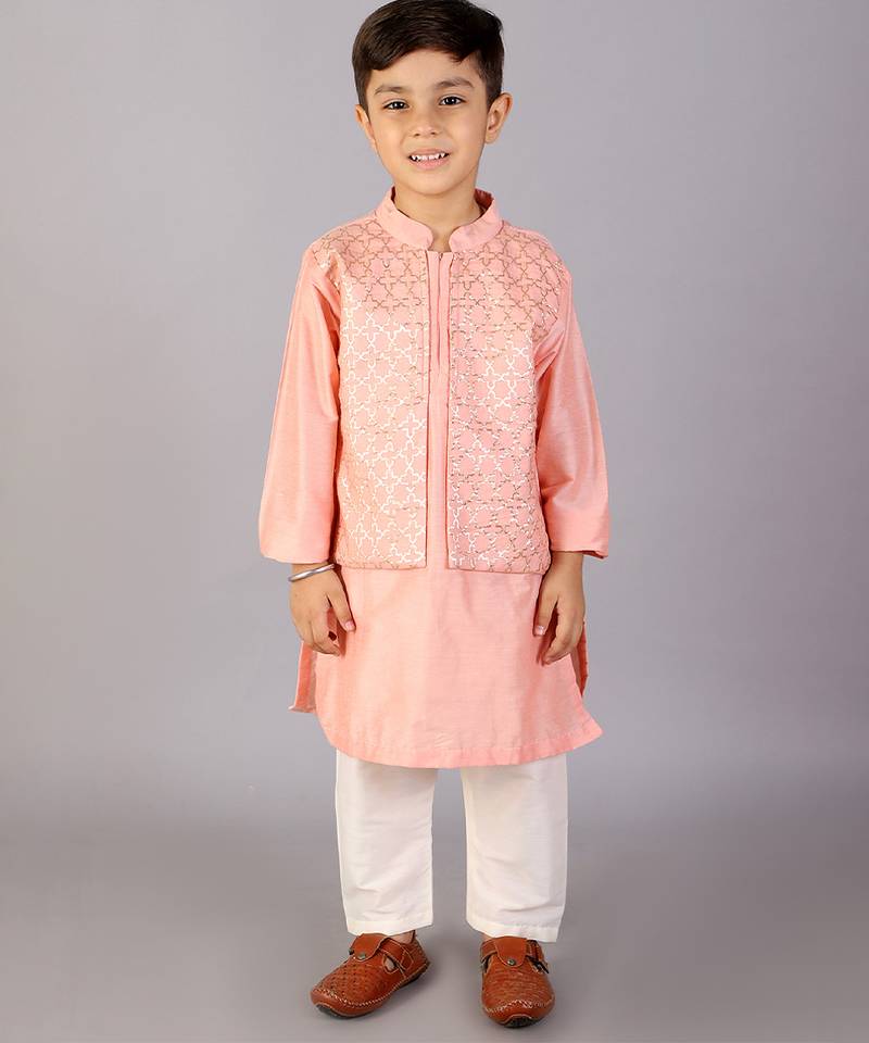 Peach printed cotton silk kurta pyjama