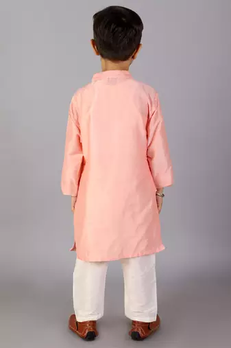 Peach printed cotton silk Boy's Kurta Pyjama