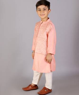 Peach printed cotton silk Boy's Kurta Pyjama 4