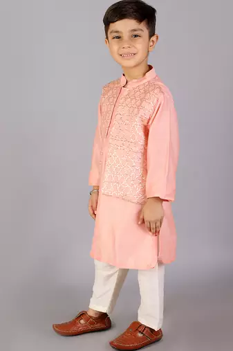 Peach printed cotton silk Boy's Kurta Pyjama