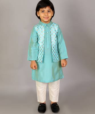 Blue printed cotton silk Boy's Kurta Pyjama 1