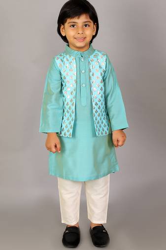Blue printed cotton silk kurta pyjama