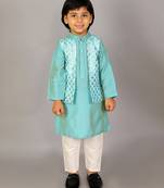 Blue printed cotton silk kurta pyjama