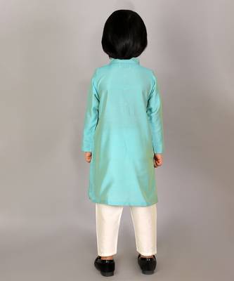 Blue printed cotton silk Boy's Kurta Pyjama 2