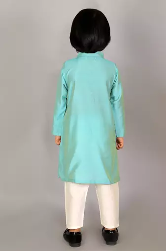 Blue printed cotton silk Boy's Kurta Pyjama