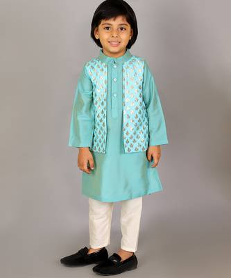 Blue printed cotton silk Boy's Kurta Pyjama 3