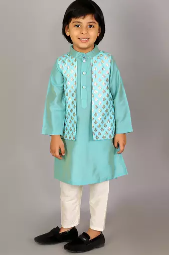 Blue printed cotton silk Boy's Kurta Pyjama