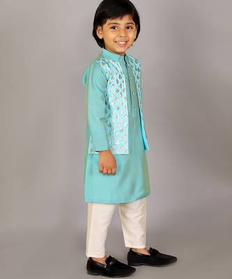 Blue printed cotton silk Boy's Kurta Pyjama 4