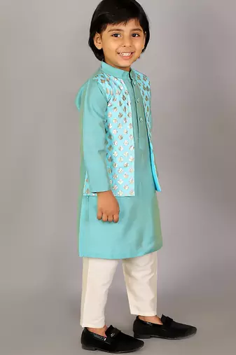 Blue printed cotton silk Boy's Kurta Pyjama
