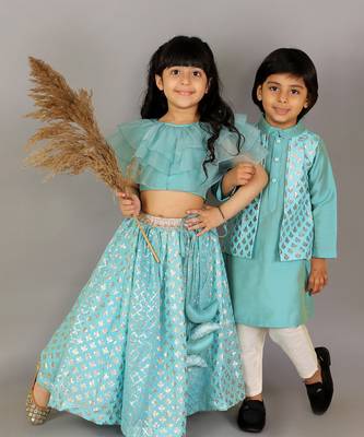 Blue printed cotton silk Boy's Kurta Pyjama 5