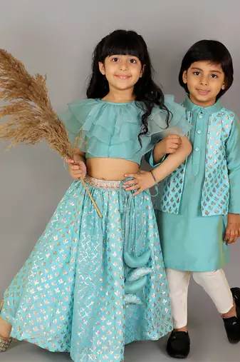 Blue printed cotton silk Boy's Kurta Pyjama