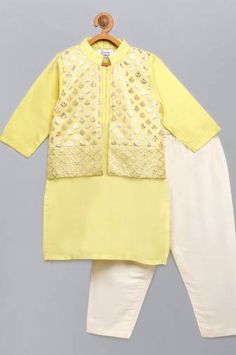 Yellow printed cotton silk kurta pyjama