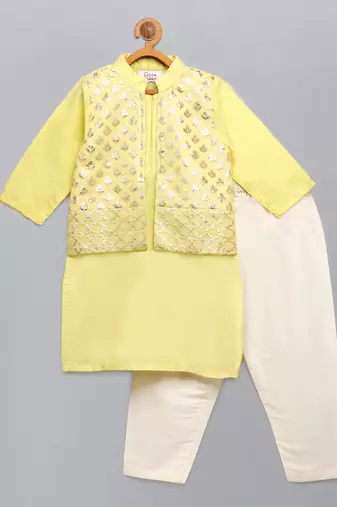 Yellow printed cotton silk kurta pyjama