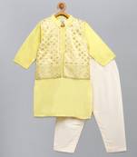 Yellow printed cotton silk kurta pyjama