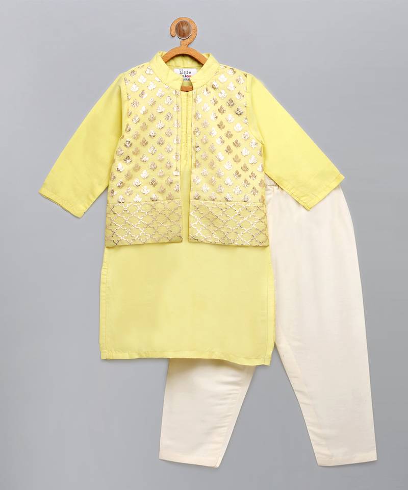 Yellow printed cotton silk kurta pyjama