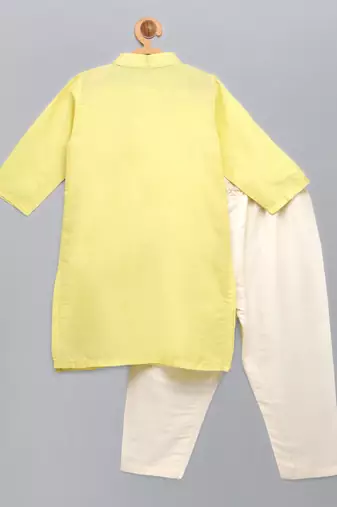 Yellow printed cotton silk kurta pyjama