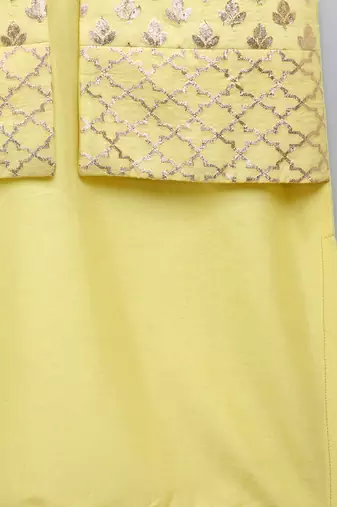 Yellow printed cotton silk kurta pyjama