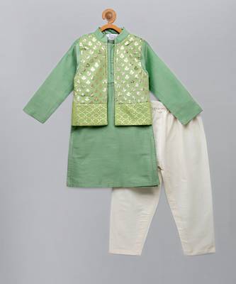 Green printed cotton silk Boy's Kurta Pyjama 1