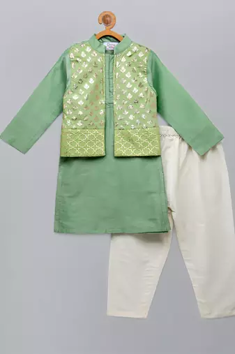 Green printed cotton silk kurta pyjama