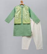 Green printed cotton silk kurta pyjama