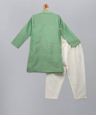 Green printed cotton silk Boy's Kurta Pyjama 4