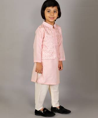 Pink printed cotton silk Boy's Kurta Pyjama 2