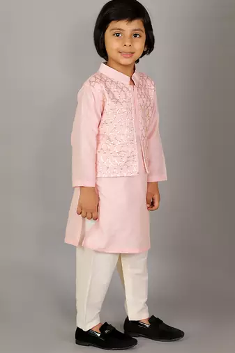 Pink printed cotton silk Boy's Kurta Pyjama