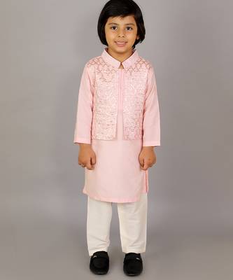 Pink printed cotton silk Boy's Kurta Pyjama 1