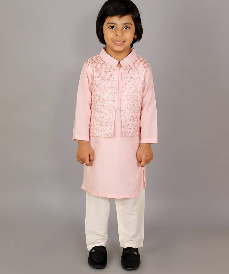 Pink printed cotton silk kurta pyjama