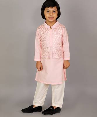 Pink printed cotton silk Boy's Kurta Pyjama 4
