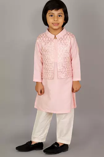 Pink printed cotton silk Boy's Kurta Pyjama