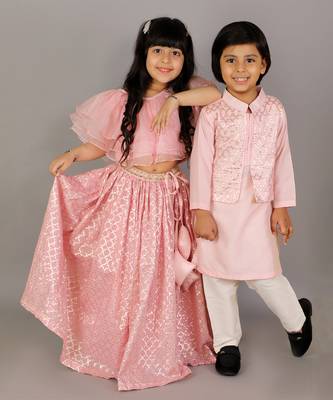 Pink printed cotton silk Boy's Kurta Pyjama 5