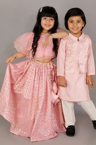 Pink printed cotton silk Boy's Kurta Pyjama