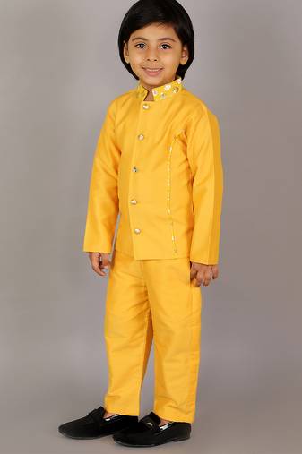 Yellow plain cotton silk bandhgala set
