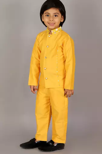 Yellow plain cotton silk bandhgala set