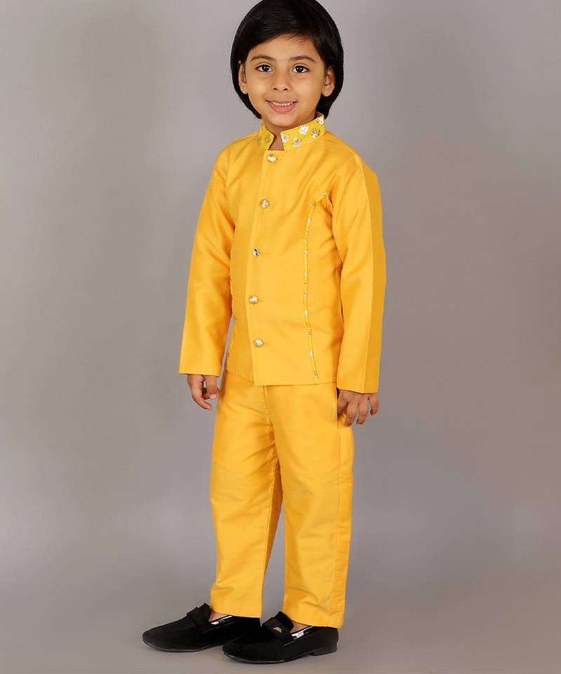 Yellow plain cotton silk bandhgala set