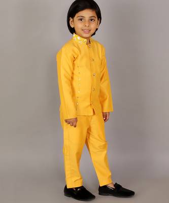 Yellow plain cotton silk Boy's Bandhgala and Pant 2