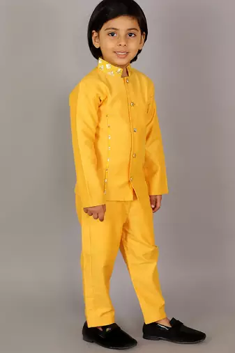 Yellow plain cotton silk bandhgala set
