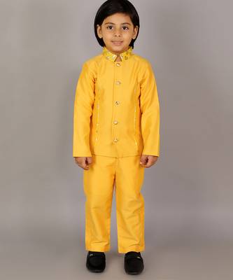 Yellow plain cotton silk Boy's Bandhgala and Pant 4