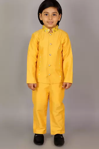 Yellow plain cotton silk bandhgala set